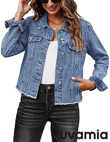 luvamia Women's Basic Button Down Stretch Fitted Long Sleeves Denim Jean Jacket