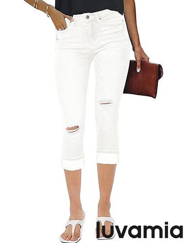 luvamia Capri Jeans for Women Stretch High Waisted Distressed Denim Capris Ripped Skinny Cropped Pants
