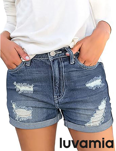 luvamia Women's Ripped Denim Jean Shorts High Waisted Stretchy Folded Hem Short Jeans
