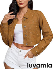 luvamia Cropped Jean Jacket Women Trendy Rhinestone Embellished Going Out Party Short Stretchy Trucker Denim Jackets