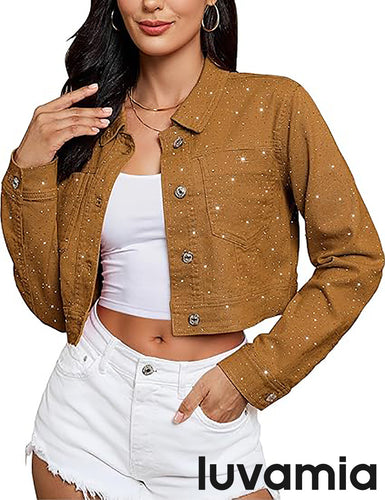 luvamia Cropped Jean Jacket Women Trendy Rhinestone Embellished Going Out Party Short Stretchy Trucker Denim Jackets
