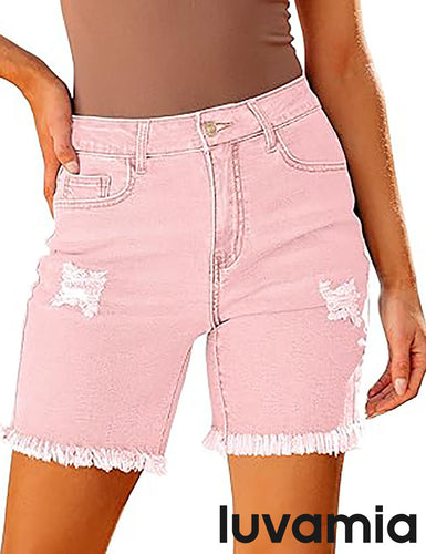 LUVAMIA Women's High Waisted Distressed Raw Hem Stretch Denim Shorts