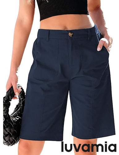 LUVAMIA Bermuda Shorts for Women's Knee Length Casual Lightweight Breathable Summer High Waisted Knee Length Shorts
