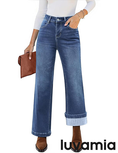 luvamia Flare Jeans for Women Thin Fleece Lined High Waisted Wide Leg Trendy Fall Stretchy Denim Pants Trouser Jeans