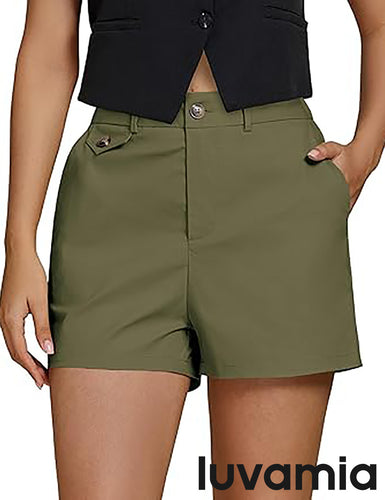 LUVAMIA Women's Shorts High Waist Zipper Closure Elastic Band Waistband Casual Wear Short Pants