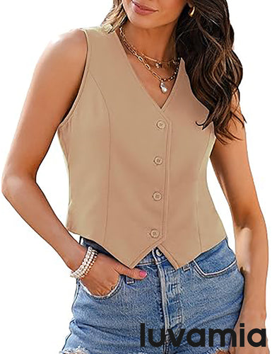 LUVAMIA Women's  Relaxed Fit Crop Sleeveless Button Soft Vest Top