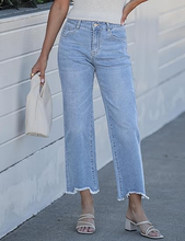 luvamia FleXclusive Straight Leg Jeans for Women Cropped Trendy Mid Rise Baggy Loose Distressed Casual Raw Hem Stretchy Denim Pants