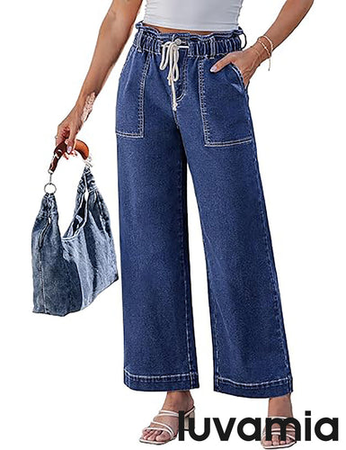 luvamia FleXclusive Wide Leg Jeans for Women Trendy High Waisted Elastic Waist Paperbag Drawstring Stretchy Denim Pants Trouser Jeans