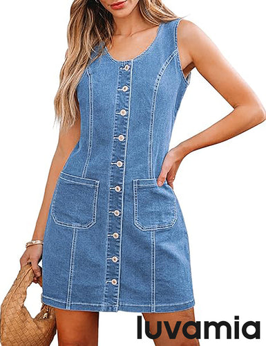 LUVAMIA Women's Buttoned Fitted Pocket Sleeveless Summer Dresses