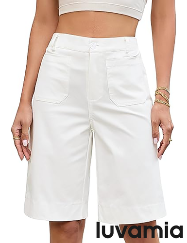 luvamia Bermuda Shorts for Women Knee Length High Waisted Dressy Casual Patch Pocket Chino Elastic Waist Long Shorts