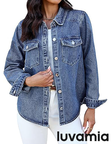 luvamia FleXclusive Denim Jackets for Women Trendy Long Sleeve Distressed Jean Button Down Shirts Jacket Shacket Trucker Jacket