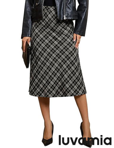 luvamia Plaid Skirts for Women Midi Length High Waisted Trendy A Line Elastic Waist Casual Office Work Fall Skirt