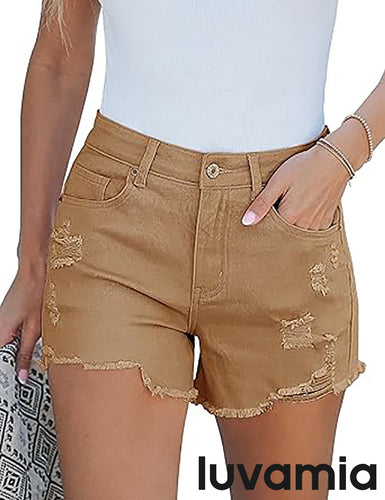 luvamia Jean Shorts for Women High Waisted Stretchy Distressed Denim Shorts Ripped Frayed Raw Hem Summer Casual Shorts