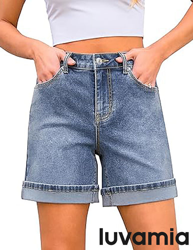 LUVAMIA Women's multi pocket wide leg curled elastic denim walkshorts