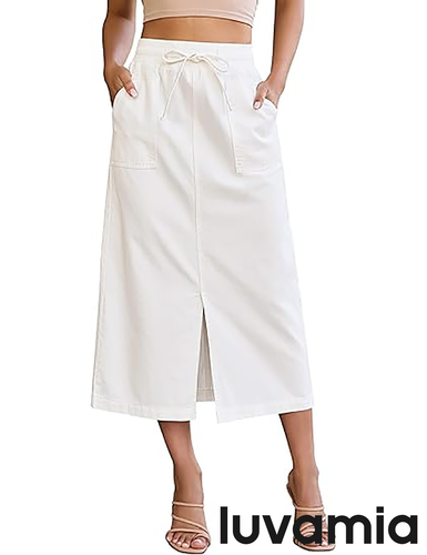 luvamia FleXclusive Jean Skirts for Women High Waisted Midi Denim Drawstring Elastic Waist Long Skirt with Pockets Front Slit