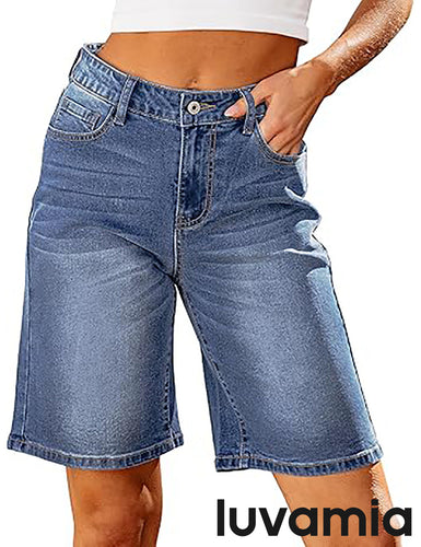 LUVAMIA Denim Bermuda Shorts for Women High Waisted  Stretchy  Straight Leg Jeans