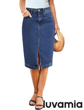 LUVAMIA Women's Brief Denim Midi Knee-Length Skirt Vintage Split High-Waist