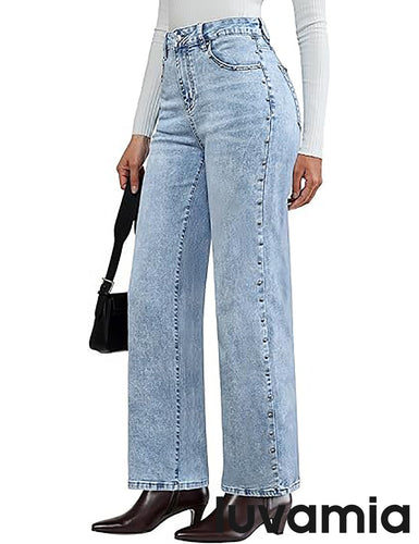 LUVAMIA  Women's High Rise Flare Jeans Washed Denim Trousers Studded Details Retro Style