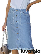 luvamia Women's Casual Mid Rise Button Down Frayed Raw Hem Fit Denim Jean Skirt