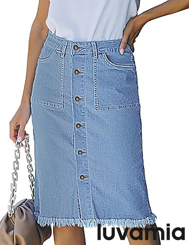 luvamia Women's Casual Mid Rise Button Down Frayed Raw Hem Fit Denim Jean Skirt