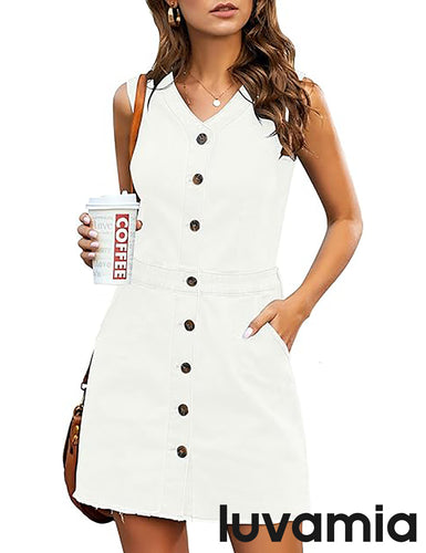 luvamia Women's Casual V Neck Sleeveless Jeans Button Down Denim Short Dress
