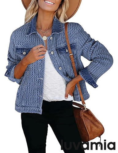 LUVAMIA Casual Western Denim Jacket Women Button Front Long Sleeve Vintage with Functional Pockets