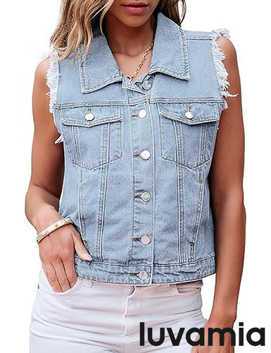 LUVAMIA Women Casual Denim Essential Sleeveless Vest Outdoor Retro Jacket Tassels