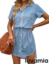 luvamia Women Casual Denim Dress Short Sleeve Tie Waist Classic Jean Shirt Dress