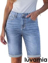 luvamia FleXclusive Bermuda Jean Shorts for Women Knee Length High Waisted Trendy Cuffed Hem Long Stretchy Denim Shorts Summer Jorts