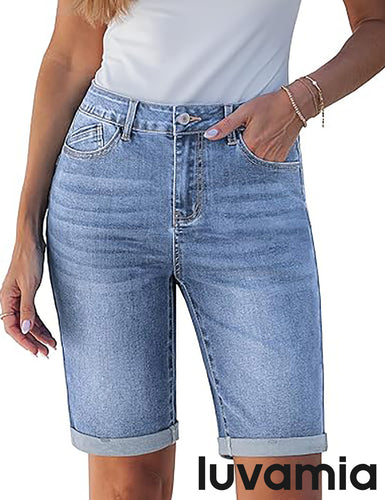 luvamia FleXclusive Bermuda Jean Shorts for Women Knee Length High Waisted Trendy Cuffed Hem Long Stretchy Denim Shorts Summer Jorts