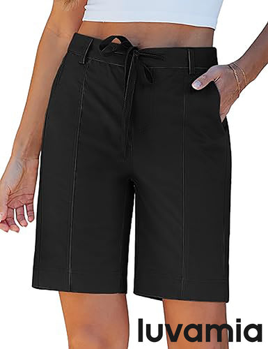 luvamia Bermuda Shorts for Women Trendy High Waist Knee Length Chino Long Shorts Drawstring Summer Casual Short 9