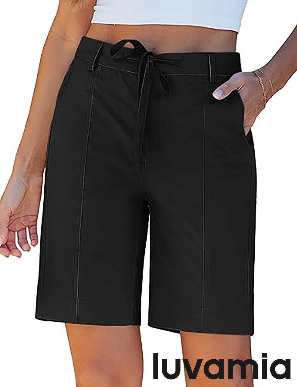 luvamia Bermuda Shorts for Women Trendy High Waist Knee Length Chino Long Shorts Drawstring Summer Casual Short 9