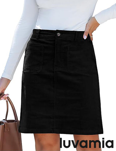 luvamia Corduroy Skirts for Women High Waisted Trendy Fall Elastic Waist Casual Stretchy Short Skirts with Patch Pockets