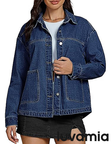 LUVAMIA Women's Street Fashion Denim Jacket Lapel Long Sleeve Coat