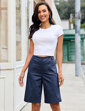 luvamia Bermuda Shorts for Women Knee Length High Waisted Dressy Casual Patch Pocket Chino Elastic Waist Long Shorts