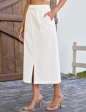 luvamia FleXclusive Jean Skirts for Women High Waisted Midi Denim Drawstring Elastic Waist Long Skirt with Pockets Front Slit