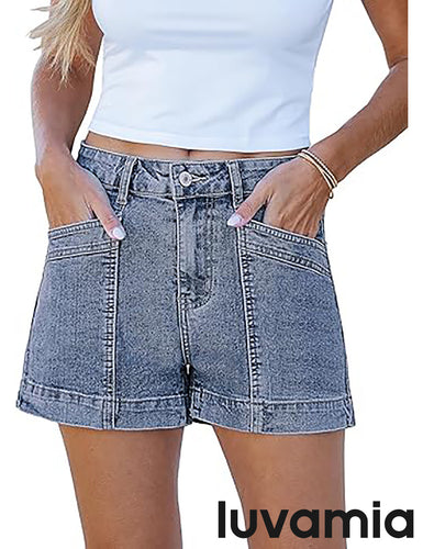 LUVAMIA Women's High Waist Denim Lounge Shorts - 3.5 Inch Casual Flat Front Jean Shorts