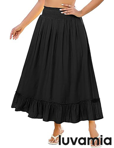 luvamia Maxi Skirts for Women Trendy Flowy Ruffle Smocked Waist A-line Boho Swing Long Skirt with Pockets Beach Vacation