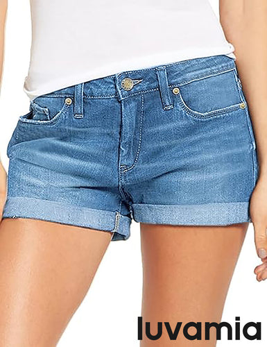 luvamia Women's Ripped Denim Jean Shorts Mid Rise Stretchy Folded Hem Short Jeans
