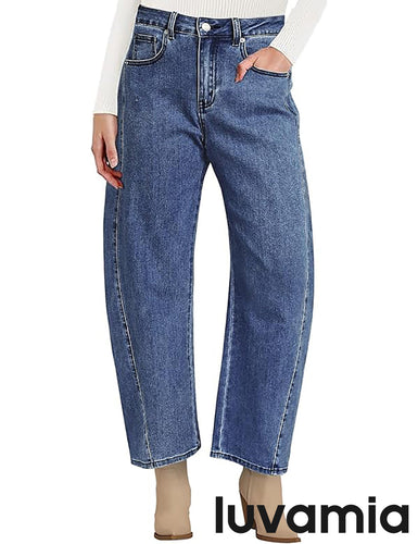 LUVAMIA Women's Barrel Style High Waist Jeans Regular Fit Slight Stretch with pocket