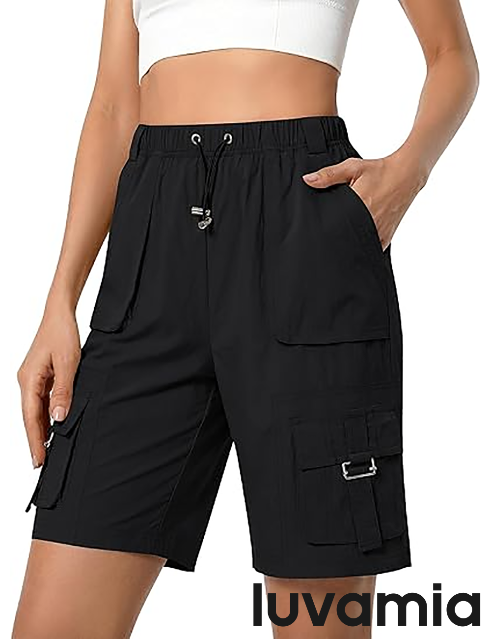 luvamia Hiking Shorts for Women Bermuda Knee Length Cargo Pull On Quick Dry Elastic Waist Sport 9'' Inseam Long Shorts