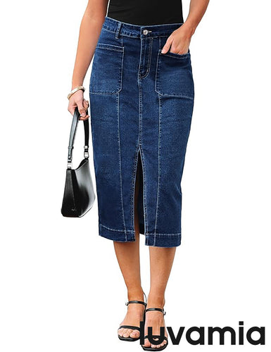 LUVAMIA Women's Skirts High Waisted Below Knee Split Hem Denim Bodycon Midi