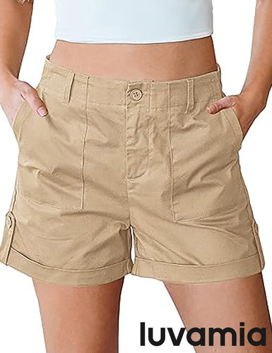 LUVAMIA Women's High Waisted Lightweight Quick Dry Relaxed Fit Shorts Summer Folded Hem.