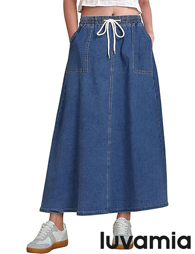 LUVAMIA Women's Maxi Drawstring High Waist Elastic Waist Denim Skirts