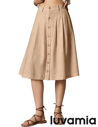 luvamia Linen Skirts for Women Midi Pleated Elastic High Waisted Casual Button Down A Line Flowy Summer Skirt with Pockets
