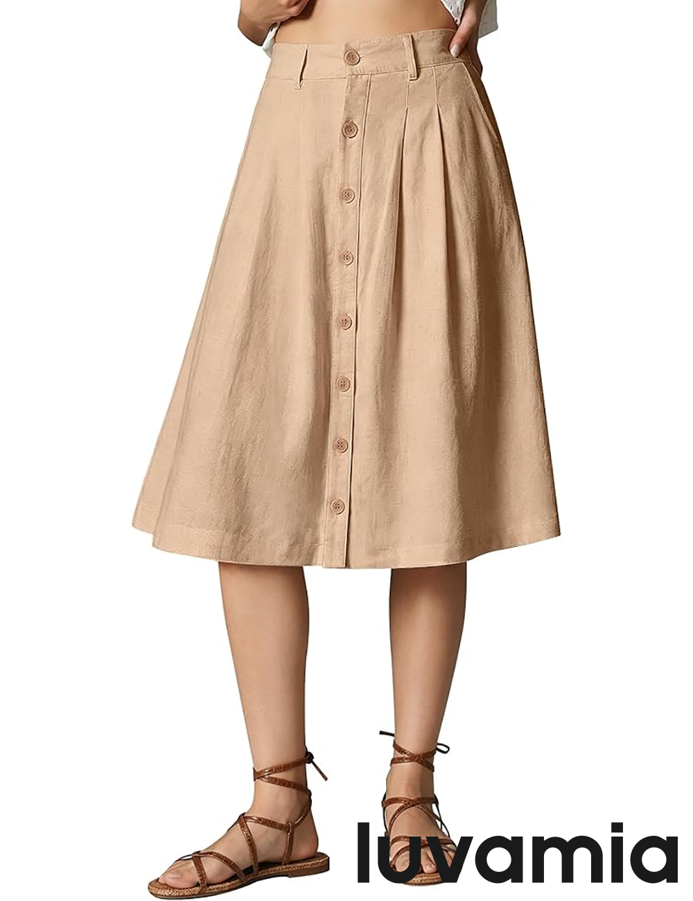 luvamia Linen Skirts for Women Midi Pleated Elastic High Waisted Casual Button Down A Line Flowy Summer Skirt with Pockets