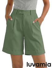 luvamia High Waisted Shorts for Women Dressy Casual Pleated Wide Leg Midi Baggy Work Shorts Rolled Hem with Pockets