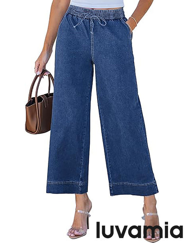 Women's High Waisted Elastic Waist Denim Pants Wide Leg Cropped Relaxed Fit Retro All Season Jean Pants