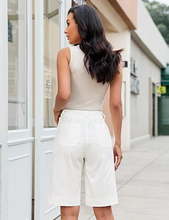 luvamia Bermuda Shorts for Women Knee Length High Waisted Dressy Casual Patch Pocket Chino Elastic Waist Long Shorts