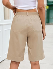 luvamia Bermuda Shorts for Women Knee Length High Waisted Dressy Casual Patch Pocket Chino Elastic Waist Long Shorts